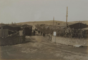 Caledonia, at the entrance to Knockaloe Camp. This year she will be returning, not in steam but on display, to recreate this image of her on the line up the main driveway through the Camp. This image also shows the notice boards at the entrance to the camp forbidding access to the public and warning them not to loiter near the camp. (Image Courtesy of MNH PG/5291/9a).
